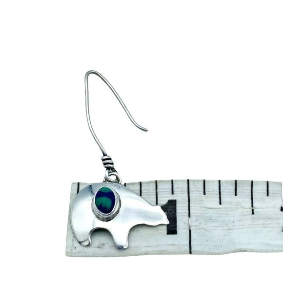 Sterling Silver Signed S.J. Azurite Malachite Bear Earrings Dangle Drop Threader - Picture 7 of 8